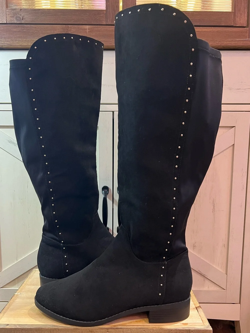 Lane Bryant Wide Calf Black Faux Suede Silver Studded Knee High Flat Boots 10 W